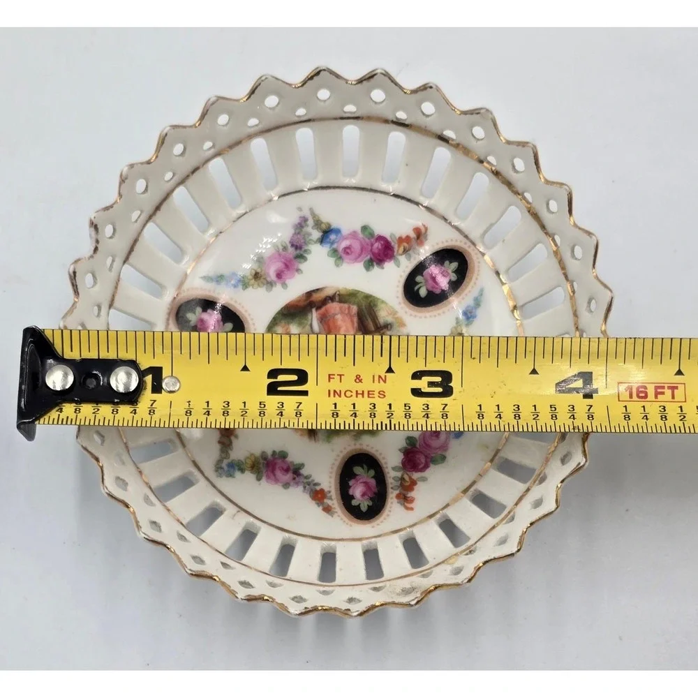 Vintage Bavaria‎ Reticulated Porcelain Dish Bowl Couple Pink Floral 3 7/8